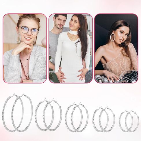 5 أزواج كبيرة حجر الراين هوب الأقراط مجموعة 3-7 سم كبيرة سباركلي جولة الأطواق الفضة كريستال سباركلي بلينغ رقيقة جولة أقراط حزب خفيفة الوزن القرط مجوهرات للنساء مجوهرات حفل زفاف تاريخ هدية in Kuwait