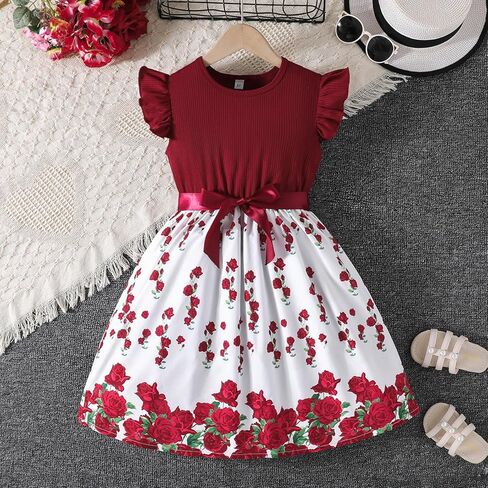 Elegant Red Floral Print Dress, Party Outfit for Girls, Classic Red Dress for Daily Wear in Saudi Arabia