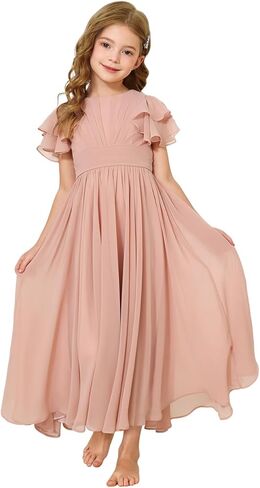 Junior Bridesmaid Dress Chiffon Ruffled Sleeve Flower Girl Dress for Wedding Birthday Pageant Formal Dress 02-14 in Saudi Arabia