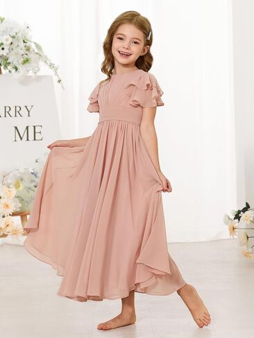Junior Bridesmaid Dress Chiffon Ruffled Sleeve Flower Girl Dress for Wedding Birthday Pageant Formal Dress 02-14 in Saudi Arabia