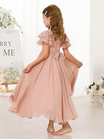 Junior Bridesmaid Dress Chiffon Ruffled Sleeve Flower Girl Dress for Wedding Birthday Pageant Formal Dress 02-14 in Saudi Arabia
