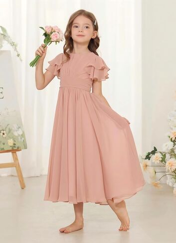 Junior Bridesmaid Dress Chiffon Ruffled Sleeve Flower Girl Dress for Wedding Birthday Pageant Formal Dress 02-14 in Saudi Arabia