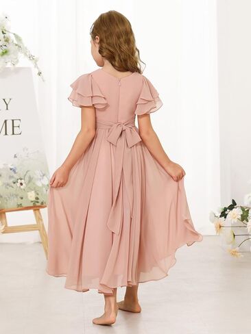 Junior Bridesmaid Dress Chiffon Ruffled Sleeve Flower Girl Dress for Wedding Birthday Pageant Formal Dress 02-14 in Saudi Arabia