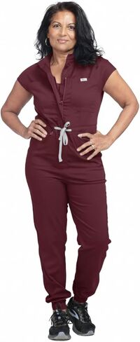 1OAKS Short Sleeve Scrub Jumpsuit (Drawstring Waist). Colors: cranberry/wine/burgundy or light grey/nickel. in Saudi Arabia