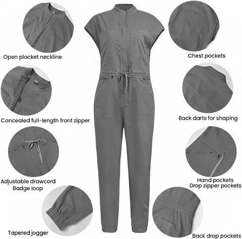 1OAKS Short Sleeve Scrub Jumpsuit (Drawstring Waist). Colors: cranberry/wine/burgundy or light grey/nickel. in Saudi Arabia