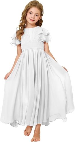 Junior Bridesmaid Dress Chiffon Ruffled Sleeve Flower Girl Dress for Wedding Birthday Pageant Formal Dress 02-14 in Saudi Arabia