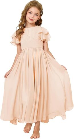 Junior Bridesmaid Dress Chiffon Ruffled Sleeve Flower Girl Dress for Wedding Birthday Pageant Formal Dress 02-14 in Saudi Arabia