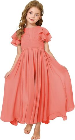 Junior Bridesmaid Dress Chiffon Ruffled Sleeve Flower Girl Dress for Wedding Birthday Pageant Formal Dress 02-14 in Saudi Arabia