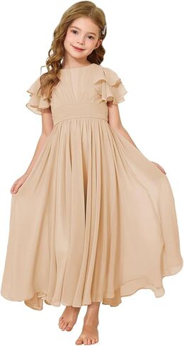 Junior Bridesmaid Dress Chiffon Ruffled Sleeve Flower Girl Dress for Wedding Birthday Pageant Formal Dress 02-14 in Saudi Arabia
