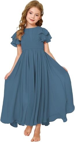 Junior Bridesmaid Dress Chiffon Ruffled Sleeve Flower Girl Dress for Wedding Birthday Pageant Formal Dress 02-14 in Saudi Arabia