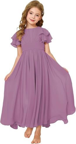 Junior Bridesmaid Dress Chiffon Ruffled Sleeve Flower Girl Dress for Wedding Birthday Pageant Formal Dress 02-14 in Saudi Arabia