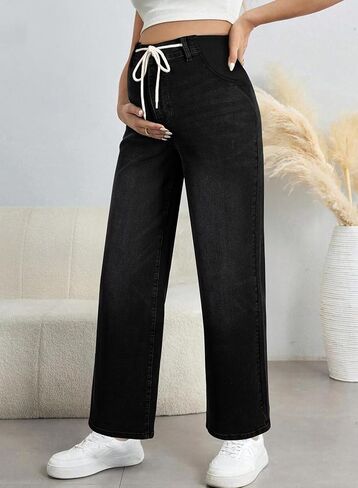 BLENCOT Women's Maternity Jeans High Waisted Drawstring Stretchy Straight Leg Pregnancy Denim Pants in Saudi Arabia