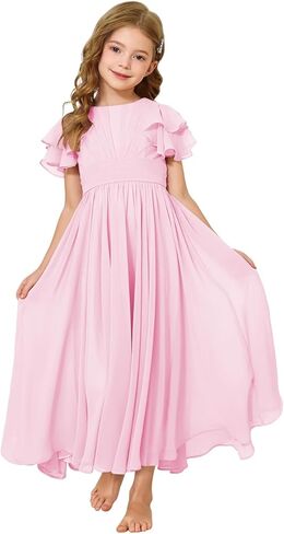 Junior Bridesmaid Dress Chiffon Ruffled Sleeve Flower Girl Dress for Wedding Birthday Pageant Formal Dress 02-14 in Saudi Arabia