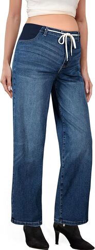 BLENCOT Women's Maternity Jeans High Waisted Drawstring Stretchy Straight Leg Pregnancy Denim Pants in Saudi Arabia