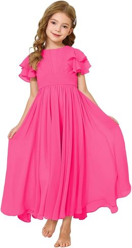 Junior Bridesmaid Dress Chiffon Ruffled Sleeve Flower Girl Dress for Wedding Birthday Pageant Formal Dress 02-14 in Saudi Arabia