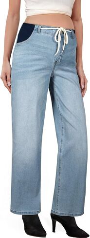 BLENCOT Women's Maternity Jeans High Waisted Drawstring Stretchy Straight Leg Pregnancy Denim Pants in Saudi Arabia