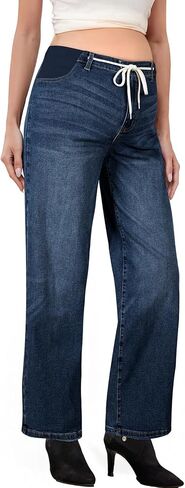 BLENCOT Women's Maternity Jeans High Waisted Drawstring Stretchy Straight Leg Pregnancy Denim Pants in Saudi Arabia