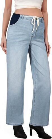 BLENCOT Women's Maternity Jeans High Waisted Drawstring Stretchy Straight Leg Pregnancy Denim Pants in Saudi Arabia