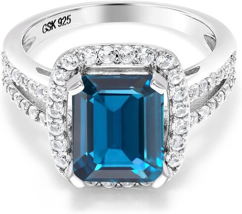خاتم خطوبة من جيم ستون كينغ 4.62 قيراط لندن توباز أزرق للنساء | قطع الزمرد 10X8MM | 925 فضة استرلينية | جوهرة الميلاد الأحجار الكريمة | خاتم الخطوبة والذكرى السنوية للزفاف للنساء in Kuwait