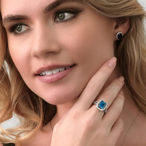 خاتم خطوبة من جيم ستون كينغ 4.62 قيراط لندن توباز أزرق للنساء | قطع الزمرد 10X8MM | 925 فضة استرلينية | جوهرة الميلاد الأحجار الكريمة | خاتم الخطوبة والذكرى السنوية للزفاف للنساء in Kuwait