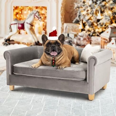 dCee Dog Sofa Bed for Medium Dogs of 70 Lbs, 33 in. Soft Velvety Dog Couch for Comfort Sleep and Joint Support, Light Grey in Saudi Arabia