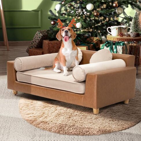 dCee Dog Sofa Bed for Medium Dogs of 70 Lbs, 33 in. Soft Velvety Dog Couch for Comfort Sleep and Joint Support, Light Grey in Saudi Arabia
