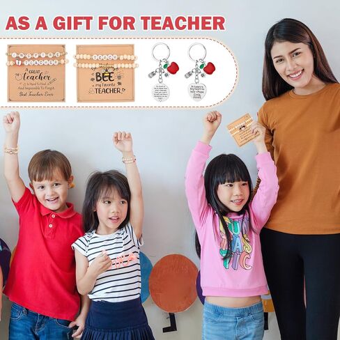 مجموعة هدايا تقدير المعلم مكونة من 12 قطعة للنساء، أساور تقدير المعلم، هدايا مع بطاقات وسلاسل مفاتيح، أساور مطاطية خشبية مطرزة لموسم أعياد الميلاد والتقاعد in Saudi Arabia