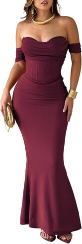Women's Off The Shoulder Bodycon Corset Ruched Mesh Maxi Dress Built-in Bra Fall Cocktail Wedding Guest Dresses in Saudi Arabia