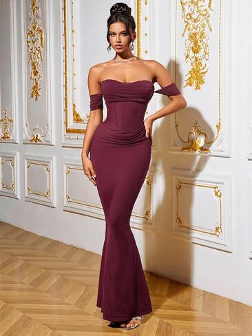 Women's Off The Shoulder Bodycon Corset Ruched Mesh Maxi Dress Built-in Bra Fall Cocktail Wedding Guest Dresses in Saudi Arabia