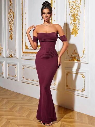 Women's Off The Shoulder Bodycon Corset Ruched Mesh Maxi Dress Built-in Bra Fall Cocktail Wedding Guest Dresses in Saudi Arabia