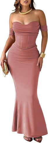 Women's Off The Shoulder Bodycon Corset Ruched Mesh Maxi Dress Built-in Bra Fall Cocktail Wedding Guest Dresses in Saudi Arabia