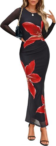 ZESICA Women's Long Sleeve Floral Maxi Dresses 2026 Fall Bodycon Crewneck Side Slit Ruched Fitted Party Long Dress in Saudi Arabia