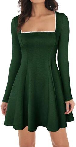 ADEWEL Women's Square Neck Ruffle Hem Mini Dress Long Sleeve A Line Pleated Dress for Women Corset Short Party Dresses in Kuwait