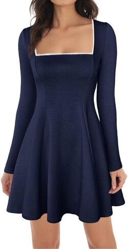 ADEWEL Women's Square Neck Ruffle Hem Mini Dress Long Sleeve A Line Pleated Dress for Women Corset Short Party Dresses in Kuwait