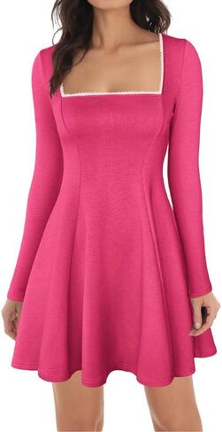 ADEWEL Women's Square Neck Ruffle Hem Mini Dress Long Sleeve A Line Pleated Dress for Women Corset Short Party Dresses in Kuwait