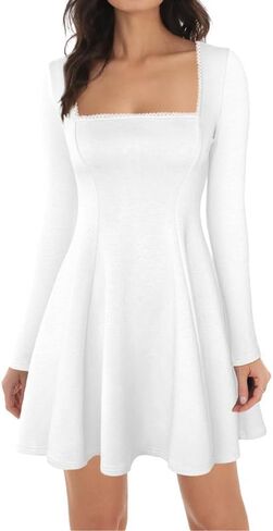 ADEWEL Women's Square Neck Ruffle Hem Mini Dress Long Sleeve A Line Pleated Dress for Women Corset Short Party Dresses in Kuwait