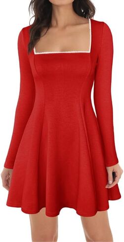 ADEWEL Women's Square Neck Ruffle Hem Mini Dress Long Sleeve A Line Pleated Dress for Women Corset Short Party Dresses in Kuwait