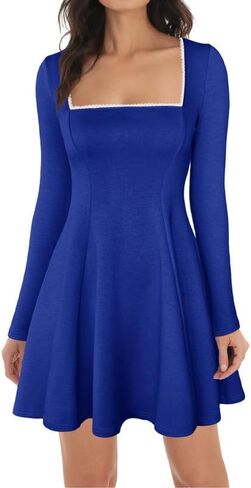 ADEWEL Women's Square Neck Ruffle Hem Mini Dress Long Sleeve A Line Pleated Dress for Women Corset Short Party Dresses in Kuwait