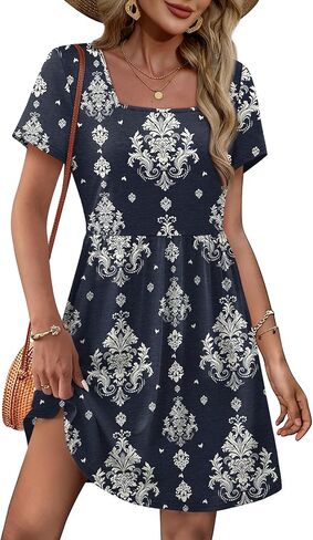 OFEEFAN Womens Summer Dresses 2025 Short Sleeve Square Neck Casual Sundresses with Pockets A-Line Color Block in Saudi Arabia