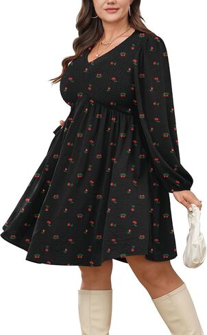 Plus Size Floral Mini Babydoll Dress with Pockets Long Sleeve V Neck Smocked Flowy Fall Casual Dress for Curvy Women in Saudi Arabia