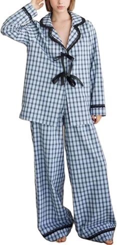 Women 2 Piece Buffalo Plaid Pajamas Lounge Set Y2k Long Sleeve Bow Tie Up Shirts Wide Leg Pants Sets Sleepwear in Saudi Arabia