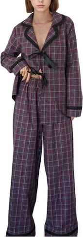 Women 2 Piece Buffalo Plaid Pajamas Lounge Set Y2k Long Sleeve Bow Tie Up Shirts Wide Leg Pants Sets Sleepwear in Saudi Arabia