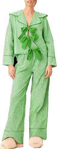 Women 2 Piece Buffalo Plaid Pajamas Lounge Set Y2k Long Sleeve Bow Tie Up Shirts Wide Leg Pants Sets Sleepwear in Saudi Arabia