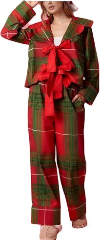 Women 2 Piece Buffalo Plaid Pajamas Lounge Set Y2k Long Sleeve Bow Tie Up Shirts Wide Leg Pants Sets Sleepwear in Saudi Arabia
