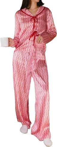 Women 2 Piece Buffalo Plaid Pajamas Lounge Set Y2k Long Sleeve Bow Tie Up Shirts Wide Leg Pants Sets Sleepwear in Saudi Arabia