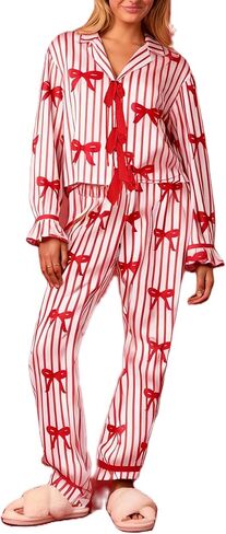 Women 2 Piece Buffalo Plaid Pajamas Lounge Set Y2k Long Sleeve Bow Tie Up Shirts Wide Leg Pants Sets Sleepwear in Saudi Arabia
