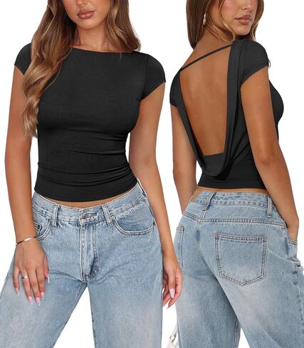 Womens Open Back Tops for Women Trendy Backless Shirt Short Sleeve Slim Fit Going Out Top Y2k Basic Clothes in Saudi Arabia