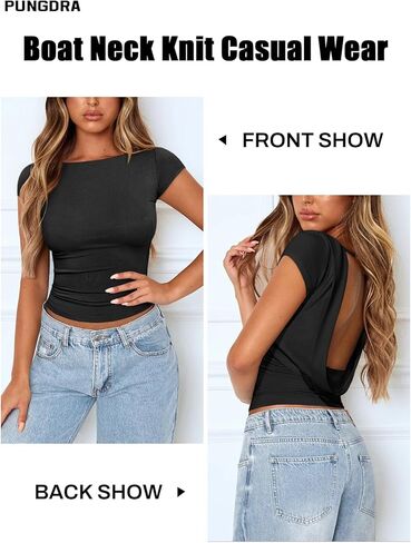 Womens Open Back Tops for Women Trendy Backless Shirt Short Sleeve Slim Fit Going Out Top Y2k Basic Clothes in Saudi Arabia