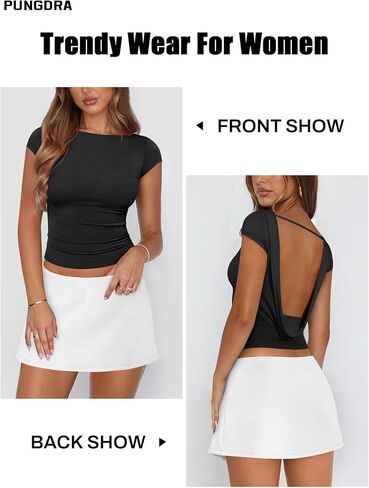 Womens Open Back Tops for Women Trendy Backless Shirt Short Sleeve Slim Fit Going Out Top Y2k Basic Clothes in Saudi Arabia