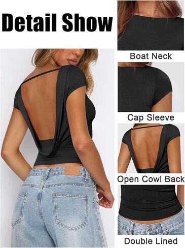 Womens Open Back Tops for Women Trendy Backless Shirt Short Sleeve Slim Fit Going Out Top Y2k Basic Clothes in Saudi Arabia